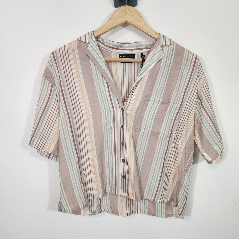prAna Iguala Top Small Clay Stripe Tencel Button Front Crop Blouse camp shirt